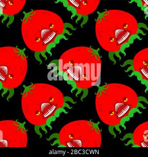 Motif monstre tomate sans coutures. Fond mutant OGM. Légumes en colère avec ornement des dents. Texture vectorielle alimentaire Alien affamé Illustration de Vecteur