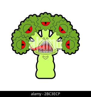 Mutant OGM monstre brocoli. Légumes en colère avec dents. Illustration vectorielle nourriture extraterrestre affamée Illustration de Vecteur