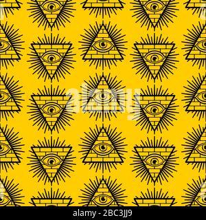 Pyramide avec un motif oeil sans couture. Arrière-plan visuel. Symbole du gouvernement mondial. Texture de la théorie du complot d'Illuminati. Ornamen sacré Illustration de Vecteur