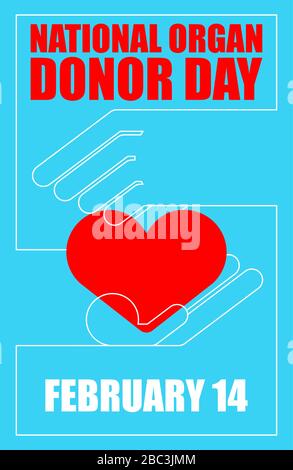Journée nationale des donateurs d'organes. Les mains tiennent le cœur. 14 février. Carte postale, affiche pour les vacances Illustration de Vecteur