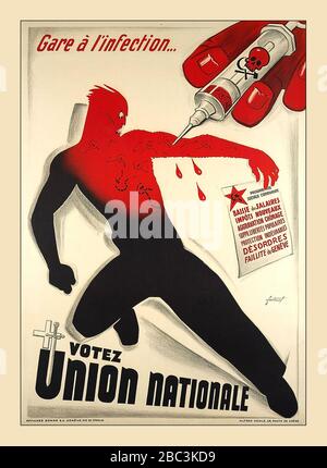 VOTEZ UNION NATIONALE Vintage années 1930 propagande française anti-communiste russe affiche électorale 'Gare à l'infection... , Votez Union nationale' ' Méfiez-vous de l'infection communiste ..., vote National Union' NOEL FONTANET (Noël) vers 1932 Banque D'Images