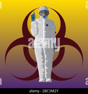 Médecin dans une combinaison de protection contre le fond du signe de risque biologique, le docteur sauve d'un virus COVID-19 coronavirus Illustration de Vecteur