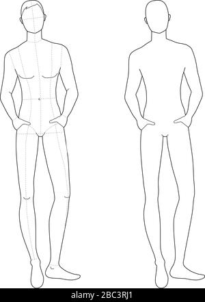 Modèle de mode de repos debout hommes. 9 dimensions de tête pour le dessin technique avec et sans lignes principales. Messieurs figure vue de face. Silhouette vectorielle pour l'esquisse et l'illustration de mode. Illustration de Vecteur