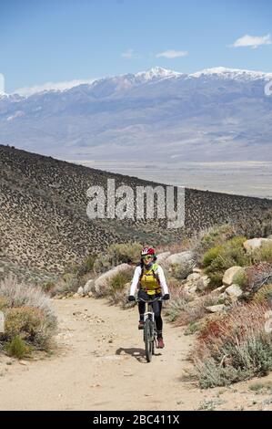Femme VTT qui monte sur une route de terre dans les montagnes avec White Mountain derrière elle Banque D'Images