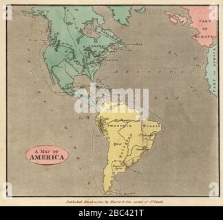 Carte des Amériques, vers 1821. Présentation du Labrador, du Canada, des États-Unis, de la Louisiane, du Mexique, du Brésil, de l’Amazonie, du Paraguay, etc. Gravure en copperplate de couleur à la main des scènes du Rév. Isaac Taylor en Amérique, pour les voyageurs d’agrément et d’instruction de Little tarry-at-Home, John Harris, Londres, 1821. Banque D'Images