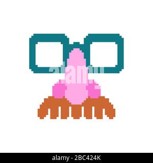 Lunettes nez et moustache pixel art avril Fools jour masque 8 bits. Masque déguisé amusant Pixelate Illustration de Vecteur