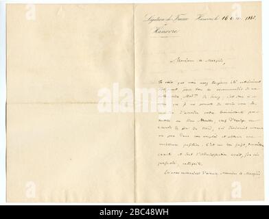 Gustave Armand Henri, comte de Reiset, 1821-1905, ministe plénitentiaire de la France à Hanoerre, lettre concernant le chef d'équipe au chemin de fer du Nord. 1865-10-16. Page 1. Banque D'Images