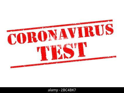 CORONAVIRUS TEST caoutchouc rouge Stamp sur un fond blanc. Banque D'Images