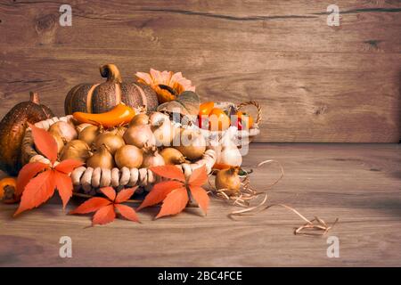 Arrangement de Thanksgiving d'automne avec panier d'oignons, citrouilles décoratives, feuilles d'automne et petits poivrons naturels. Automne toujours disposition de vie indoo Banque D'Images