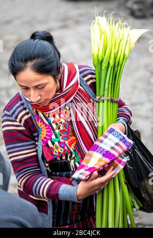 Une femme portant des nénuphars callas sur le marché de Chichicasenango, au Guatemala. Banque D'Images