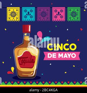 affiche cinco de mayo avec bouteille de tequila et décoration Illustration de Vecteur