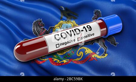 Drapeau d'état DES ÉTATS-UNIS de Pennsylvanie se fouitant dans le vent avec un tube de test sanguin Covid-19 positif. Banque D'Images