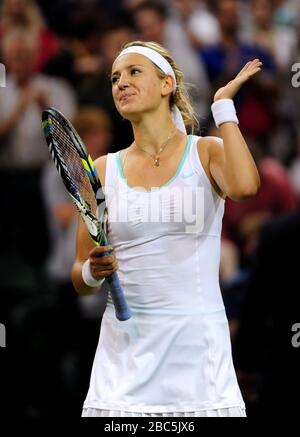 Victoria Azarenka, la Biélorussie, célèbre la victoire de Tamira Paszek, en Autriche Banque D'Images