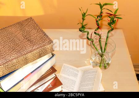 Vieux livres empilés sur une table en bois avec un vase en bambou chanceux Banque D'Images