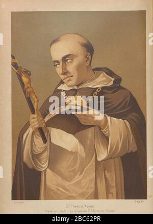 Thomas d'Aquin [St. Thomas d'Aquino] Saint Thomas Aquin (1225-1274) était un frère, philosophe, prêtre catholique et docteur de l'Eglise dominicain italien. Philosophe, théologien et juriste extrêmement influent dans la tradition du scolasticisme, il est également connu dans ce dernier comme le docteur Angelicus et le docteur communis. De la ciencia y sus hombres : vidas de los sabios ilustres desde la antigüedad hasta el siglo XIX T. 1 [Science et IT is People Vol 1] de Luis Figuier ; traducción de la tercera edición francesa por Pelegrin Casabó y Pagés ; ilustrada pou Armet, Gomez, Marteleí Banque D'Images