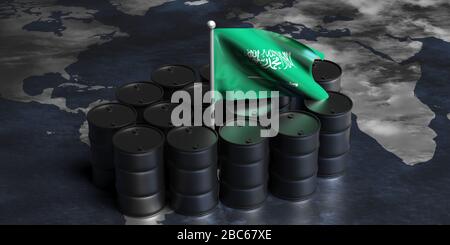 Industrie pétrolière de l'Arabie Saoudite. Barils de pétrole brut à tambour noir et drapeau saoudien arabe sur une carte du monde. illustration tridimensionnelle Banque D'Images