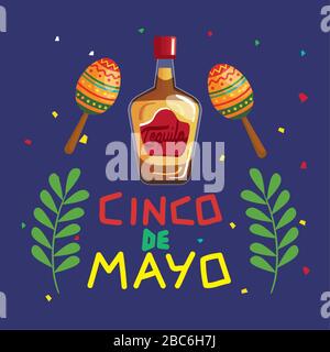 affiche cinco de mayo avec bouteille de tequila et décoration Illustration de Vecteur