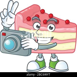 Concept de motif mascotte photographe de gâteau aux fraises à l'aide d'un appareil photo cher Illustration de Vecteur