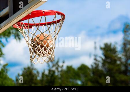 Panier de basket-ball dans le parc avec des arbres verts comme arrière-plan Banque D'Images