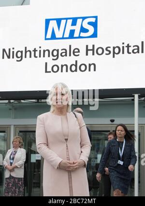 Nadine Dories MP à l'ouverture de l'hôpital NHS Nightingale au centre Excel de Londres, un hôpital temporaire avec 4000 lits qui a été mis en place pour le traitement des patients de Covid-19. Photo PA. Date de l'image: Vendredi 3 avril 2020. Divisé en plus de 80 salles contenant chacune 42 lits, l'établissement sera utilisé pour traiter les patients du groupe Covid-19 qui ont été transférés d'autres unités de soins intensifs à Londres. Voir l'histoire de PA SANTÉ Coronavirus Charles. Crédit photo devrait lire: Stefan Rousseau/PA Wire Banque D'Images