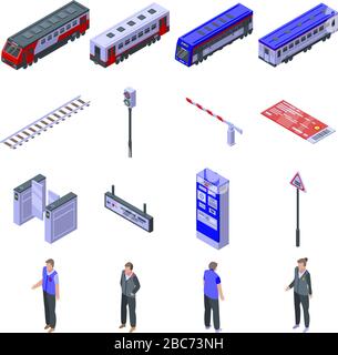 Jeu d'icônes de conducteur de train électrique, style isométrique Illustration de Vecteur