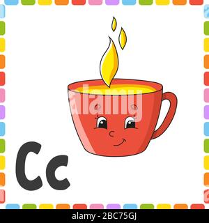 Alphabet anglais. Lettre C - tasse. Cartes flash carrées ABC. Caractère de dessin animé isolé sur fond blanc. Pour l'éducation des enfants. Élaboration d'une feuille de calcul. Le Illustration de Vecteur