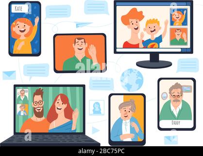 Image vectorielle d'isolement de virus à domicile avec des caractères de famille heureux connectés Illustration de Vecteur