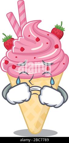 Dessin de caractère de dessin animé de crème glacée aux fraises avec un visage de plying Illustration de Vecteur
