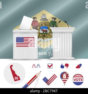 Élections présidentielles au Delaware. Drapeau vectoriel, urnes réalistes, podium de l'orateur public, plan de silhouette et ensemble d'icônes de vote. Illustration de Vecteur