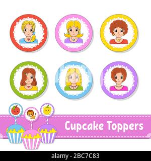 Dessus de cupcake. Jeu de six photos rondes. Belles filles souriantes. Personnages de dessin animé. Image mignonne. Pour la fête des oiseaux, la fête, la douche de bébé. Illustration de Vecteur