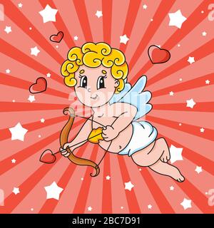 Un cupide avec ailes vole et maintient un arc et une flèche. Joli personnage de dessin animé. Saint Valentin. Illustration vectorielle colorée. Isolé sur fond de couleur Illustration de Vecteur