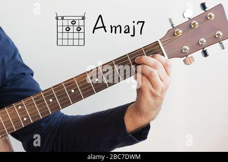 Apprendre la guitare - Homme dans une chemise bleu foncé jouant des accords de guitare affichés sur le tableau blanc, Chord A Major 7 Banque D'Images