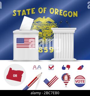 Élections présidentielles en Oregon. Drapeau vectoriel, urnes réalistes, podium de l'orateur public, plan de silhouette et ensemble d'icônes de vote. Illustration de Vecteur