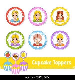 Dessus de cupcake. Jeu de six photos rondes. Belles filles souriantes. Personnages de dessin animé. Image mignonne. Pour la fête des oiseaux, la fête, la douche de bébé. Illustration de Vecteur