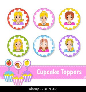 Dessus de cupcake. Jeu de six photos rondes. Belles filles souriantes. Personnages de dessin animé. Image mignonne. Pour la fête des oiseaux, la fête, la douche de bébé. Illustration de Vecteur