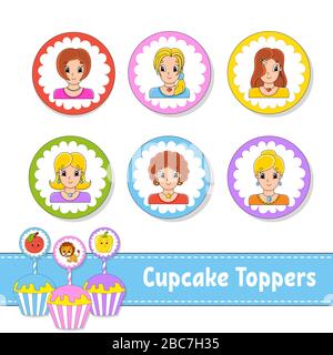 Dessus de cupcake. Jeu de six photos rondes. Belles filles souriantes. Personnages de dessin animé. Image mignonne. Pour la fête des oiseaux, la fête, la douche de bébé. Illustration de Vecteur