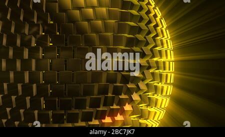 Rendu 3D d'une sphère abstraite à partir de blocs volumétriques cubes. Objet d'art non trivial et lumineux dans l'espace. Boule d'une conception structurelle complexe. CR Banque D'Images