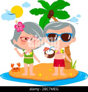 Couple de personnes âgées à une plage tropicale sur une île. Illustration vectorielle Illustration de Vecteur