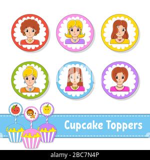 Dessus de cupcake. Jeu de six photos rondes. Belles filles souriantes. Personnages de dessin animé. Image mignonne. Pour la fête des oiseaux, la fête, la douche de bébé. Illustration de Vecteur