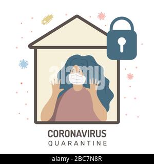 Femme défend contre le coronavirus, illustration du vecteur d'isolation domestique Illustration de Vecteur