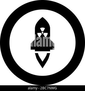 Missile atomique volant armes de missile nucléaire bombe radioactive icône de concept militaire en cercle noir rond illustration vectorielle plat style simple Illustration de Vecteur