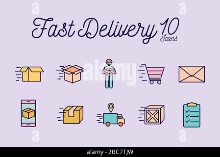 10 ligne de livraison rapide et icône de style de remplissage définissent la conception vectorielle Illustration de Vecteur