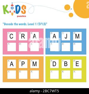 Décoder les mots à 3 lettres. Pratique sur les feuilles de travail pour les enfants d'âge préscolaire, élémentaire et intermédiaire. Fiche d'activité du puzzle logique amusant. Illustration de Vecteur