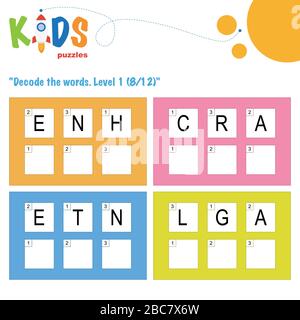 Décoder les mots à 3 lettres. Pratique sur les feuilles de travail pour les enfants d'âge préscolaire, élémentaire et intermédiaire. Fiche d'activité du puzzle logique amusant. Illustration de Vecteur