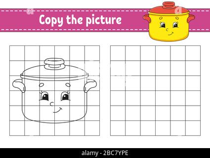 Copiez la photo. Stewpan. Pages de livres de coloriage pour enfants. Feuille de travail de développement de l'éducation. Jeu pour enfants. Pratique de l'écriture manuscrite. Caractère Catoon. Illustration de Vecteur