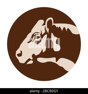 Logo ou icône de la tête de vache, animal domestique agricole comme signe de nourriture fraîche rurale ou naturelle saine. Bannière de bœuf ou de steak, boucherie, thème de la nutrition biologique. Illustration de Vecteur