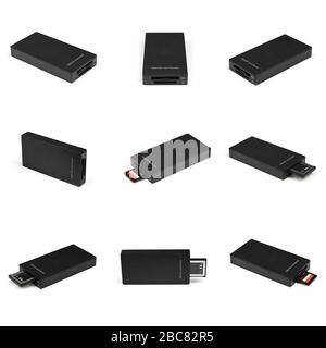 Neuf nouveaux lecteurs et cartes mémoire de données utilisés dans les produits photo vidéo pour le stockage à grande vitesse de contenu sur fond blanc Banque D'Images