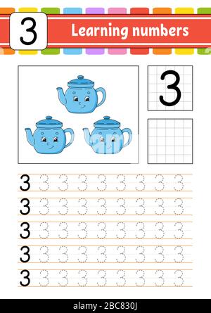 Numéro 3. Suivi et écriture. Pratique de l'écriture manuscrite. Numéros d'apprentissage pour les enfants. Feuille de travail de développement de l'éducation. Page activité. Illustratio vectoriel isolé Illustration de Vecteur