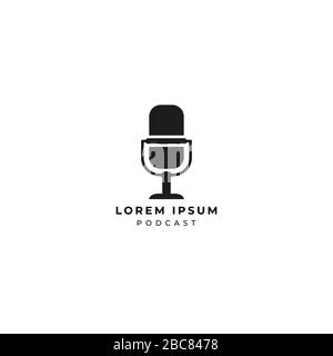 Modèle de logo Podcast minimal isolé sur fond blanc. Illustration noire de l'icône du microphone du condenseur. Diffusion sur Internet, Radi en ligne Illustration de Vecteur