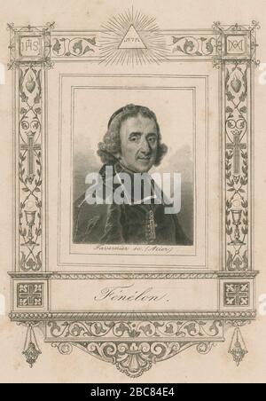 Gravure ancienne, François Fénelon. François de Salignac de la Mothe-Fénelon (1651-1715) était un archevêque catholique français, théologien, poète et écrivain. Aujourd'hui, il est surtout rappelé comme l'auteur des aventures de Telemachus, publié pour la première fois en 1699. SOURCE: GRAVURE ORIGINALE Banque D'Images